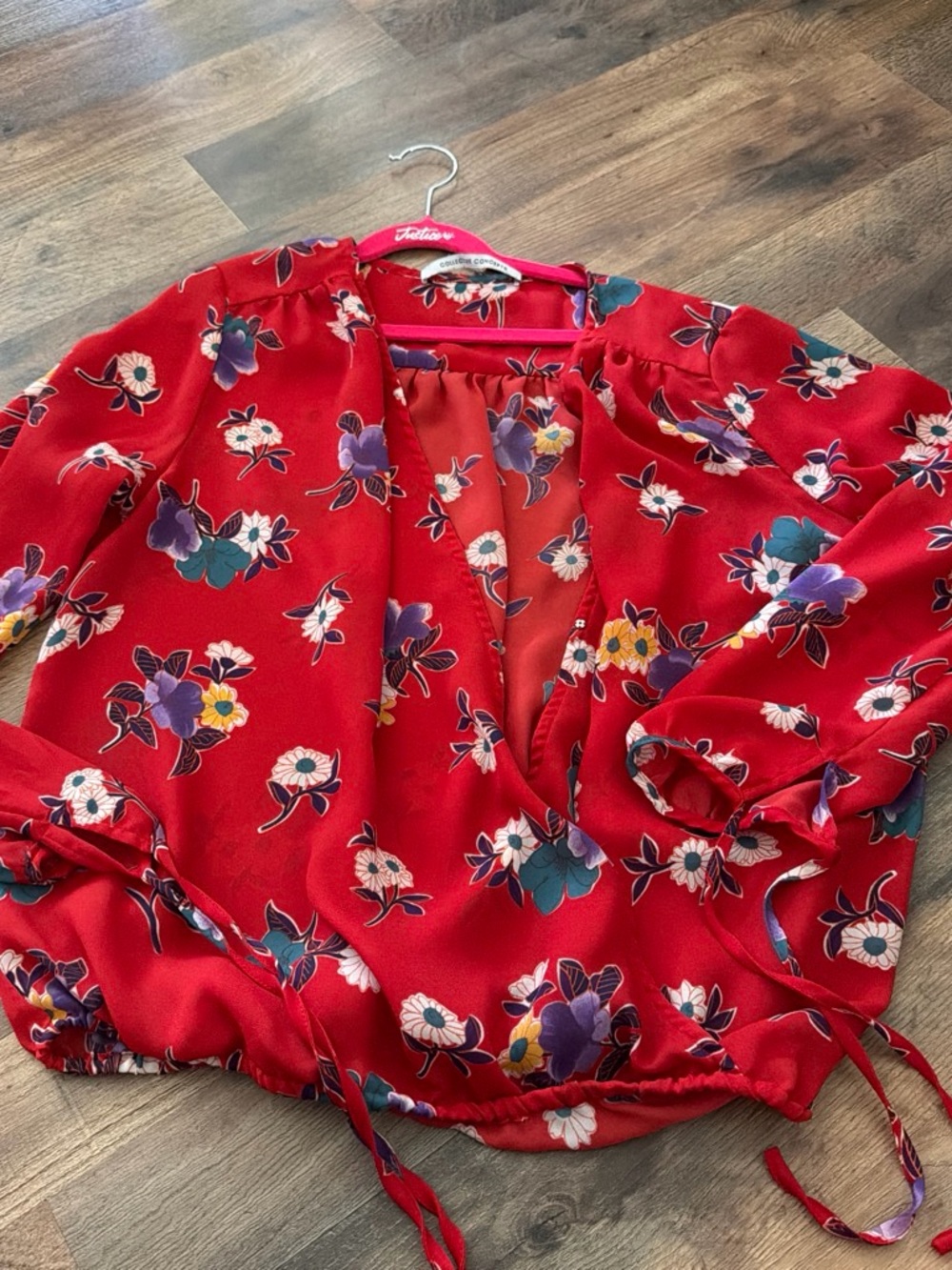 Collective Concepts Red Floral Wrap Blouse
